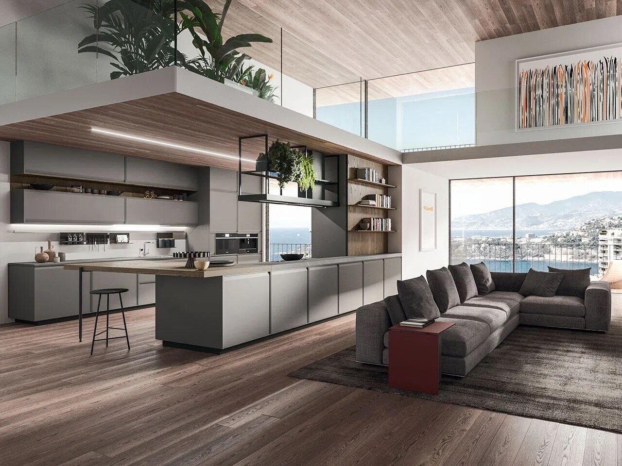 Contemporary open-plan ENZO kitchen with wood ceiling detailing