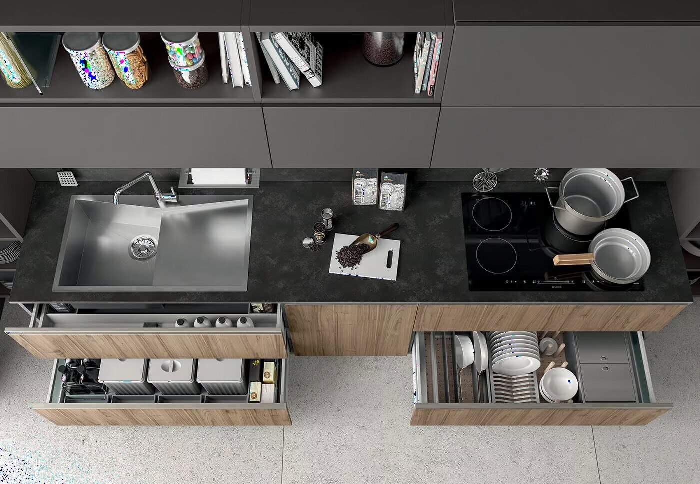 Close-up of ENZO kitchen drawer engineering and storage